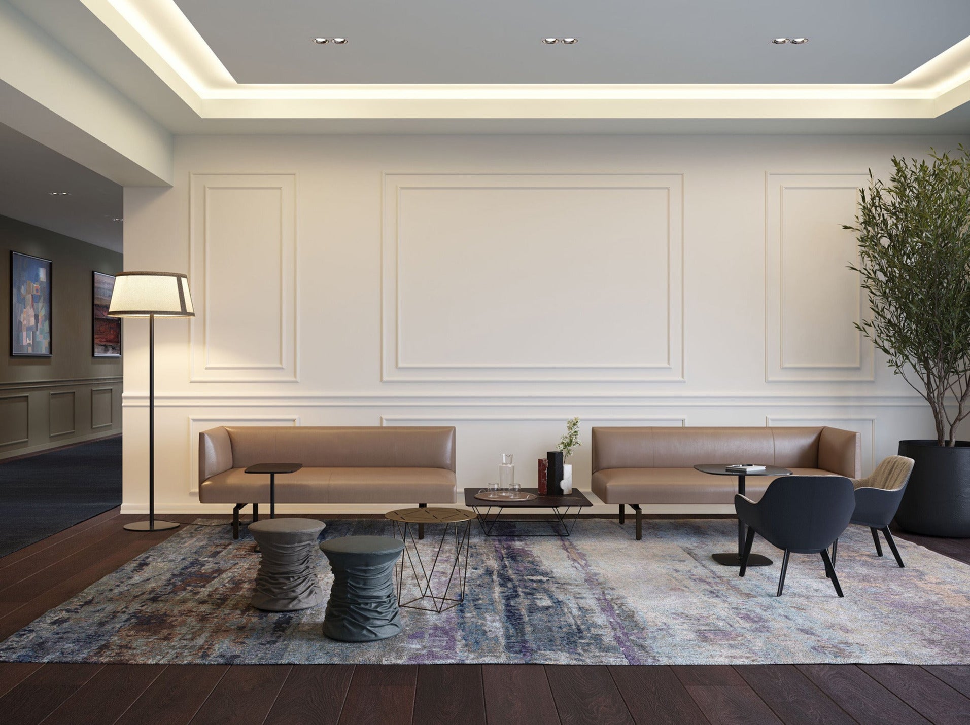 Loungebereich mit Sofa Jaan, BeistelltischJoco und Oki Table, dazu Sessel Sheru, alles von Walter Knoll.