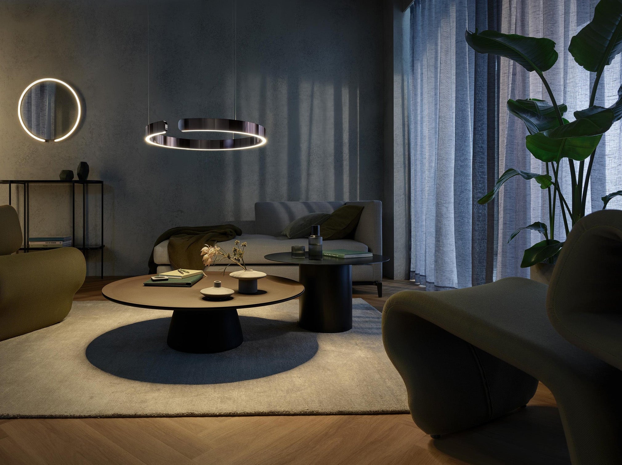 Wohnlandschaft von Walter Knoll mit Occhio Mito sospeso 60 in phantom und Mito sfera in 60. 